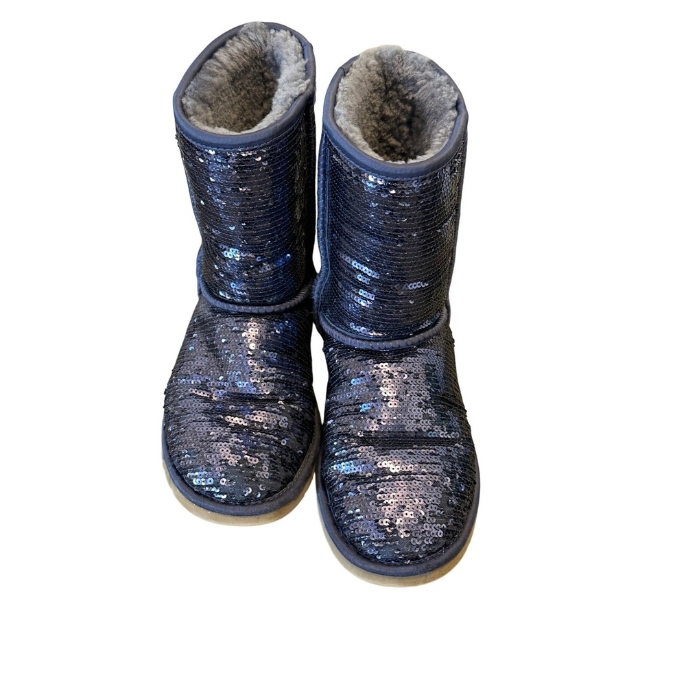 UGG Australia‎ Women Sparkle Sequin Twinface Sheepskin Boots Navy Blue Size 8